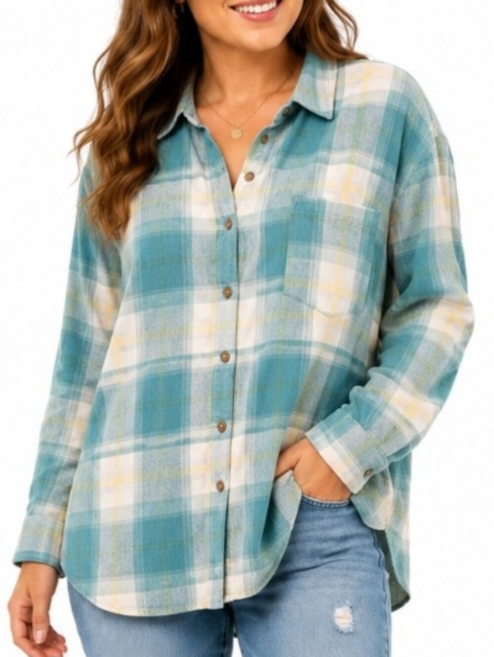 Universal Thread Teal Plaid Oversized Flannel Shirt Small